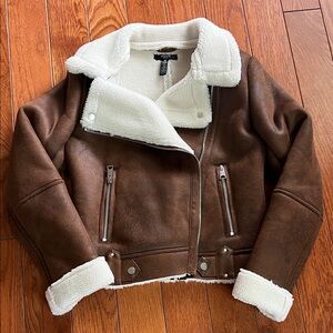 Aqua Girls Brown Faux-Shearling Moto Jacket with White Lining